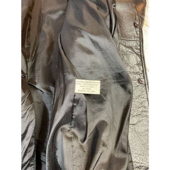 Vintage Leather Coat Jacket Black Knee Length Button Front Career - Picture 8 of 11